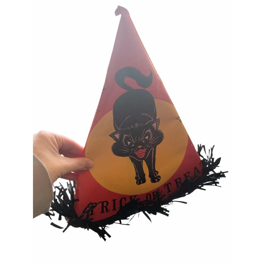Vintage Halloween Black Cat Owl Skull Ghost Bat Paper Cardboard Party Hats